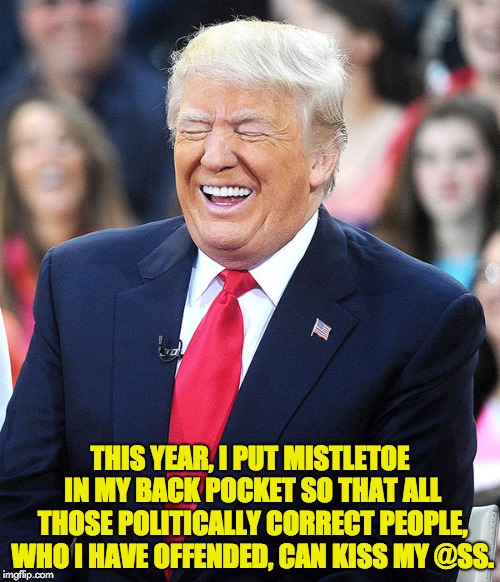 trump laughing | THIS YEAR, I PUT MISTLETOE IN MY BACK POCKET SO THAT ALL THOSE POLITICALLY CORRECT PEOPLE, WHO I HAVE OFFENDED, CAN KISS MY @SS. | image tagged in trump laughing | made w/ Imgflip meme maker