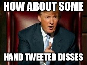 Donald Trump | HOW ABOUT SOME HAND TWEETED DISSES | image tagged in donald trump | made w/ Imgflip meme maker