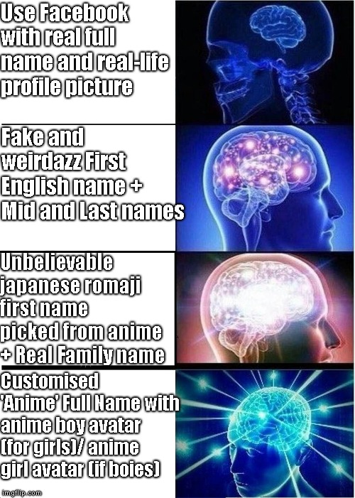 4-expanding-brain-meme | Use Facebook with real full name and real-life profile picture; Fake and weirdazz First English name + Mid and Last names; Unbelievable japanese romaji first name picked from anime + Real Family name; Customised 'Anime' Full Name with anime boy avatar (for girls)/ anime girl avatar (if boies) | image tagged in 4-expanding-brain-meme | made w/ Imgflip meme maker