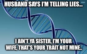 dna | HUSBAND SAYS I’M TELLING LIES... I AIN’T YA SISTER, I’M YOUR WIFE, THAT’S YOUR TRAIT NOT MINE.. | image tagged in dna | made w/ Imgflip meme maker