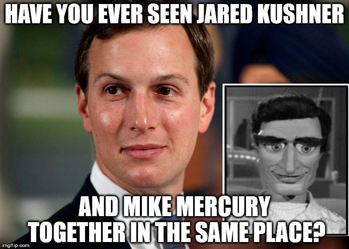 is jared kushner really mike mercury? | HAVE YOU EVER SEEN JARED KUSHNER; AND MIKE MERCURY TOGETHER IN THE SAME PLACE? | image tagged in jared kushner | made w/ Imgflip meme maker