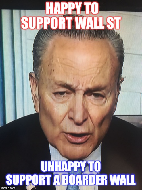 Schumer | HAPPY TO SUPPORT WALL ST; UNHAPPY TO SUPPORT A BOARDER WALL | image tagged in schumer | made w/ Imgflip meme maker