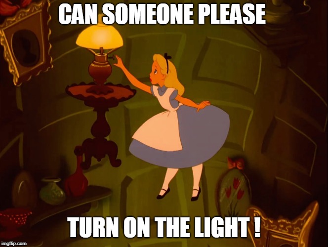 turn on the light |  CAN SOMEONE PLEASE; TURN ON THE LIGHT ! | image tagged in alice in wonderland | made w/ Imgflip meme maker