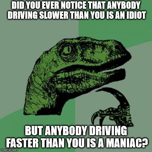 Philosoraptor Meme |  DID YOU EVER NOTICE THAT ANYBODY DRIVING SLOWER THAN YOU IS AN IDIOT; BUT ANYBODY DRIVING FASTER THAN YOU IS A MANIAC? | image tagged in memes,philosoraptor | made w/ Imgflip meme maker