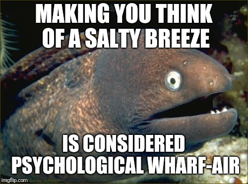 Bad Joke Eel Meme | MAKING YOU THINK OF A SALTY BREEZE; IS CONSIDERED PSYCHOLOGICAL WHARF-AIR | image tagged in memes,bad joke eel | made w/ Imgflip meme maker