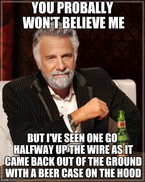 The Most Interesting Man In The World Meme | YOU PROBALLY WON'T BELIEVE ME; BUT I'VE SEEN ONE GO HALFWAY UP THE WIRE AS IT CAME BACK OUT OF THE GROUND WITH A BEER CASE ON THE HOOD | image tagged in memes,the most interesting man in the world | made w/ Imgflip meme maker