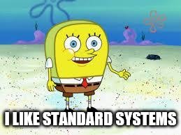 normal spongebob | I LIKE STANDARD SYSTEMS | image tagged in normal spongebob | made w/ Imgflip meme maker