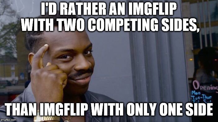 Roll Safe Think About It Meme | I'D RATHER AN IMGFLIP WITH TWO COMPETING SIDES, THAN IMGFLIP WITH ONLY ONE SIDE | image tagged in memes,roll safe think about it | made w/ Imgflip meme maker