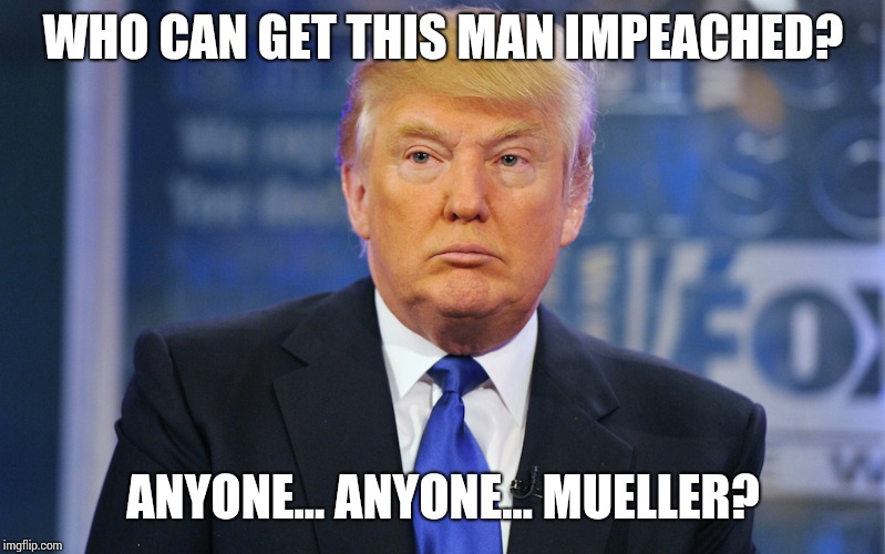 Donald trump sad meme | WHO CAN GET THIS MAN IMPEACHED? ANYONE... ANYONE... MUELLER? | image tagged in donald trump sad meme | made w/ Imgflip meme maker