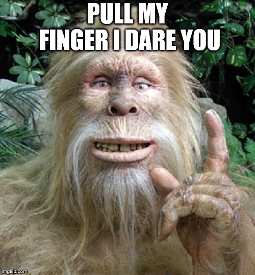 bigfoot | PULL MY FINGER I DARE YOU | image tagged in bigfoot,pull my finger,funny meme,meme,memes,funny | made w/ Imgflip meme maker