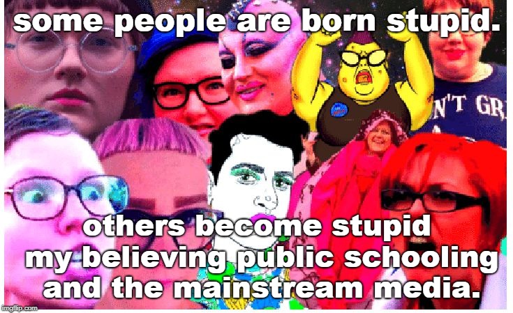 some people are born freaks or stupid. others become so by believing the mainstream news and public schooling. think first. | some people are born stupid. others become stupid my believing public schooling and the mainstream media. | image tagged in freaks,insane liberals,msn sucks,meme this | made w/ Imgflip meme maker