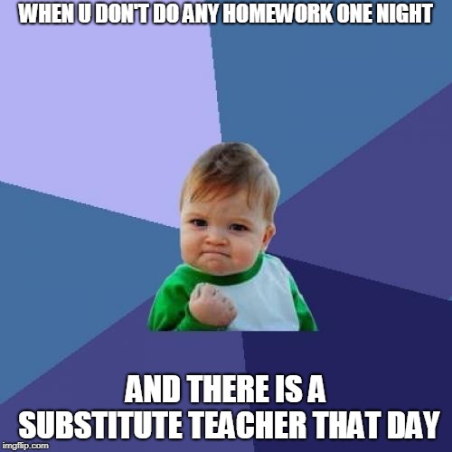Success Kid | WHEN U DON'T DO ANY HOMEWORK ONE NIGHT; AND THERE IS A SUBSTITUTE TEACHER THAT DAY | image tagged in memes,success kid | made w/ Imgflip meme maker