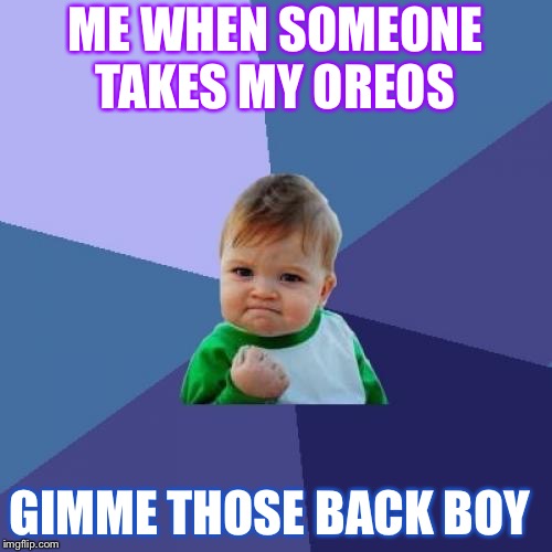 Success Kid Meme | ME WHEN SOMEONE TAKES MY OREOS; GIMME THOSE BACK BOY | image tagged in memes,success kid | made w/ Imgflip meme maker