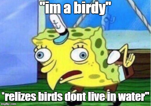 Mocking Spongebob | "im a birdy"; *relizes birds dont live in water" | image tagged in memes,mocking spongebob | made w/ Imgflip meme maker