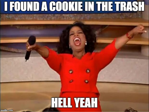 Oprah You Get A Meme | I FOUND A COOKIE IN THE TRASH; HELL YEAH | image tagged in memes,oprah you get a | made w/ Imgflip meme maker