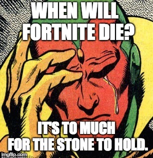 Vision | WHEN WILL  FORTNITE DIE? IT'S TO MUCH FOR THE STONE TO HOLD. | image tagged in vision marvel world problems | made w/ Imgflip meme maker