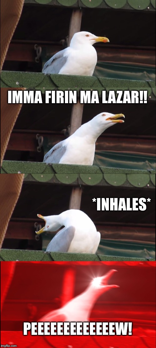 Inhaling Seagull | IMMA FIRIN MA LAZAR!! *INHALES*; PEEEEEEEEEEEEEW! | image tagged in memes,inhaling seagull | made w/ Imgflip meme maker