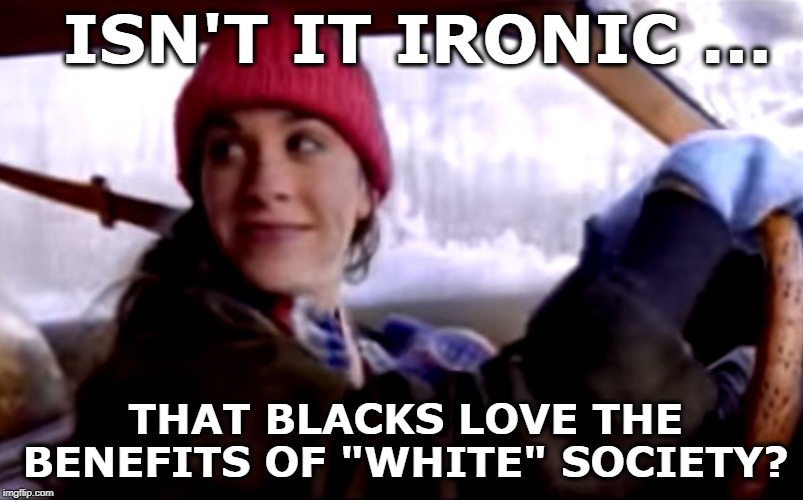 Isn't It Ironic | White Privilege  | ISN'T IT IRONIC ... THAT BLACKS LOVE THE BENEFITS OF "WHITE" SOCIETY? | image tagged in alanis morisette ironic,white privilege,black lives matter,white supremacy | made w/ Imgflip meme maker