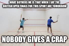 WHAT BOTHERS ME IS THAT WHEN I SAY THE BRITISH OPEN FINALS FOR THIS SPORT ARE TOMORROW; NOBODY GIVES A CRAP | image tagged in squash,sport | made w/ Imgflip meme maker