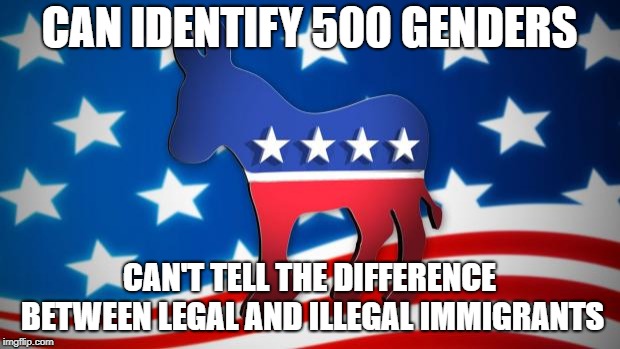 Democrats | CAN IDENTIFY 500 GENDERS; CAN'T TELL THE DIFFERENCE BETWEEN LEGAL AND ILLEGAL IMMIGRANTS | image tagged in democrats | made w/ Imgflip meme maker