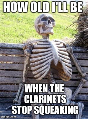 Waiting Skeleton Meme | HOW OLD I'LL BE; WHEN THE CLARINETS STOP SQUEAKING | image tagged in memes,waiting skeleton | made w/ Imgflip meme maker