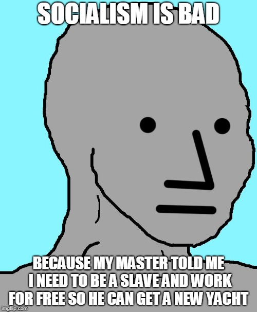 NPC Meme | SOCIALISM IS BAD; BECAUSE MY MASTER TOLD ME I NEED TO BE A SLAVE AND WORK FOR FREE SO HE CAN GET A NEW YACHT | image tagged in memes,npc | made w/ Imgflip meme maker