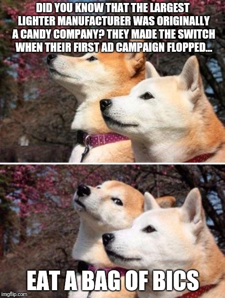 shiba bad joke |  DID YOU KNOW THAT THE LARGEST LIGHTER MANUFACTURER WAS ORIGINALLY A CANDY COMPANY? THEY MADE THE SWITCH WHEN THEIR FIRST AD CAMPAIGN FLOPPED... EAT A BAG OF BICS | image tagged in shiba bad joke | made w/ Imgflip meme maker