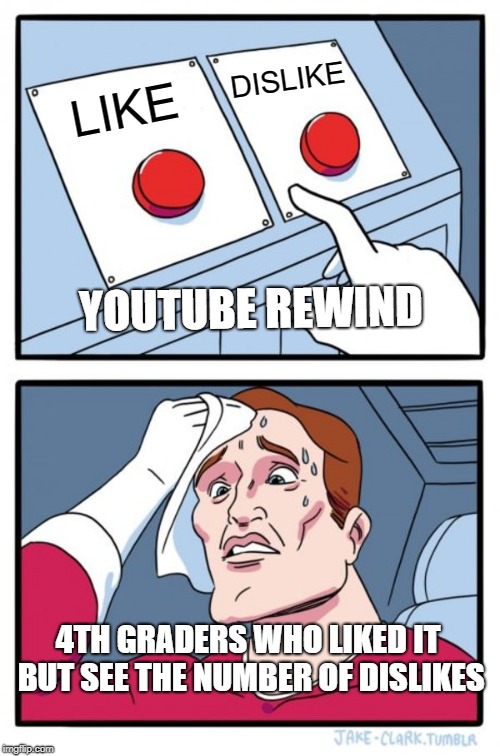 Two Buttons Meme | DISLIKE; LIKE; YOUTUBE REWIND; 4TH GRADERS WHO LIKED IT BUT SEE THE NUMBER OF DISLIKES | image tagged in memes,two buttons | made w/ Imgflip meme maker