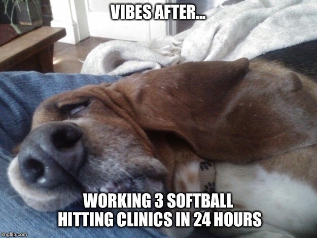 VIBES AFTER... WORKING 3 SOFTBALL HITTING CLINICS IN 24 HOURS | image tagged in softball | made w/ Imgflip meme maker