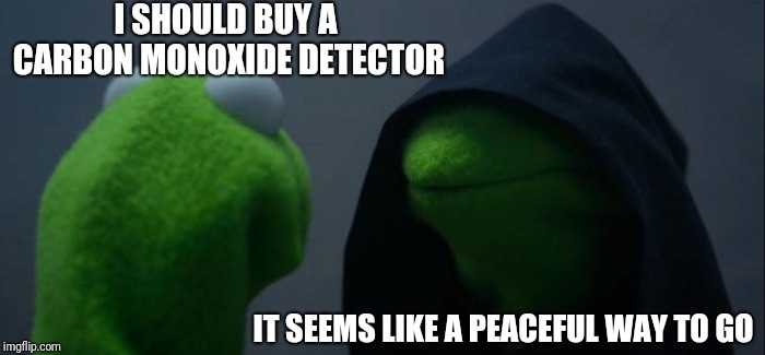 Evil Kermit | I SHOULD BUY A CARBON MONOXIDE DETECTOR; IT SEEMS LIKE A PEACEFUL WAY TO GO | image tagged in memes,evil kermit,kermit me to me | made w/ Imgflip meme maker
