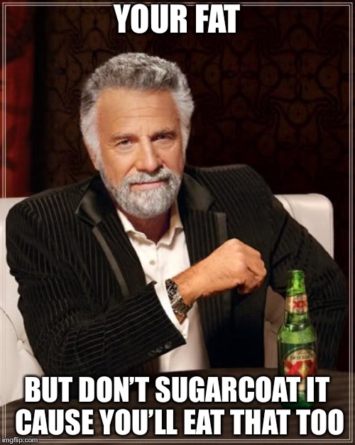 The Most Interesting Man In The World Meme | YOUR FAT; BUT DON’T SUGARCOAT IT CAUSE YOU’LL EAT THAT TOO | image tagged in memes,the most interesting man in the world | made w/ Imgflip meme maker