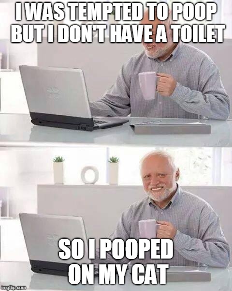 Hide the Pain Harold | I WAS TEMPTED TO POOP BUT I DON'T HAVE A TOILET; SO I POOPED ON MY CAT | image tagged in memes,hide the pain harold | made w/ Imgflip meme maker