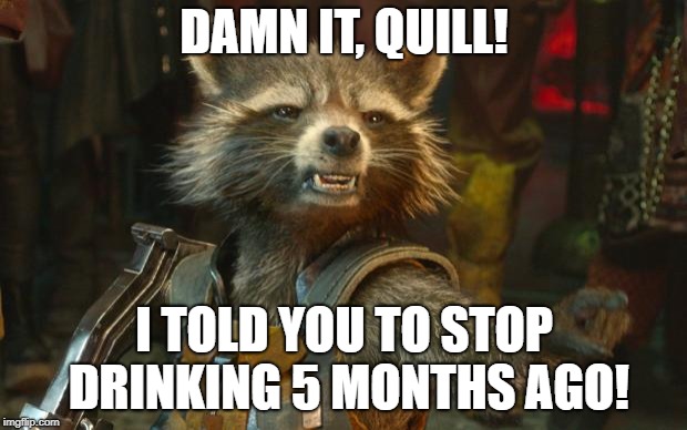 Rocket Raccoon | DAMN IT, QUILL! I TOLD YOU TO STOP DRINKING 5 MONTHS AGO! | image tagged in rocket raccoon | made w/ Imgflip meme maker
