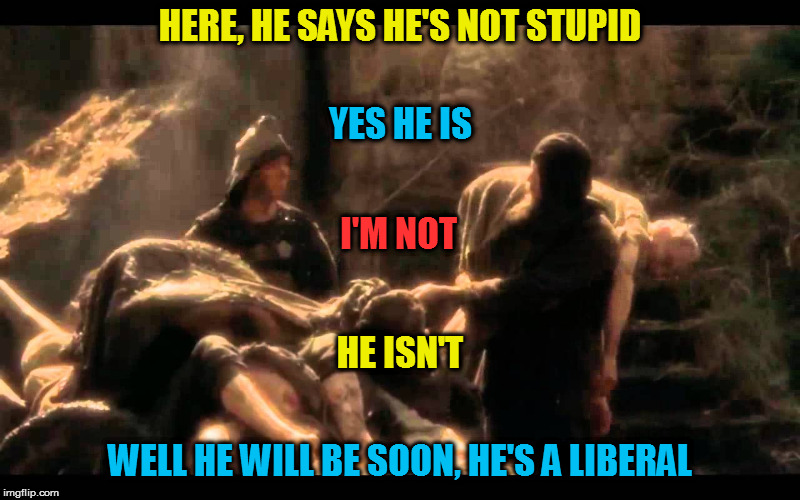 Bring Out Your Dead | HERE, HE SAYS HE'S NOT STUPID WELL HE WILL BE SOON, HE'S A LIBERAL YES HE IS I'M NOT HE ISN'T | image tagged in bring out your dead | made w/ Imgflip meme maker