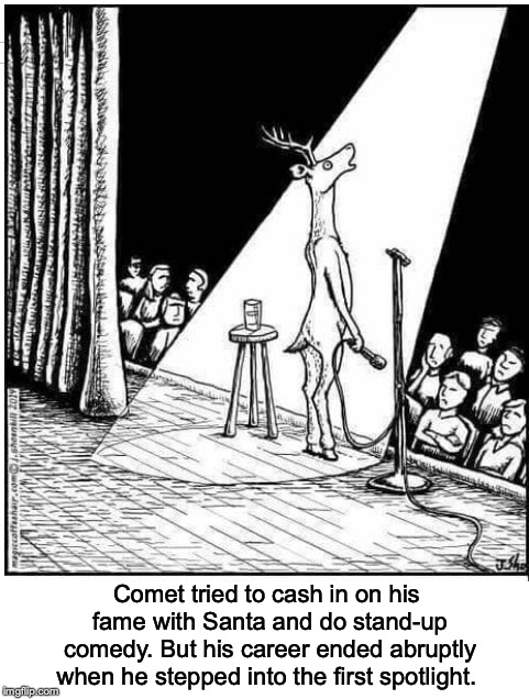 ICE IN HIS VEINS | Comet tried to cash in on his fame with Santa and do stand-up comedy. But his career ended abruptly when he stepped into the first spotlight. | image tagged in reindeer,comet,deer in headlights,repost | made w/ Imgflip meme maker