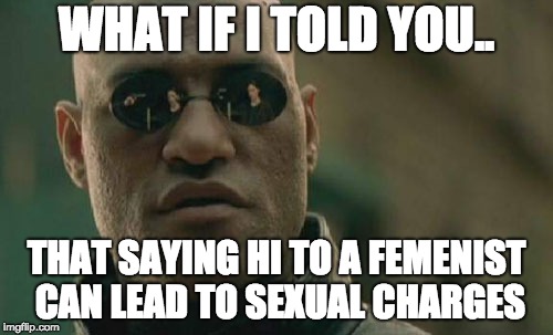 Matrix Morpheus Meme | WHAT IF I TOLD YOU.. THAT SAYING HI TO A FEMENIST CAN LEAD TO SEXUAL CHARGES | image tagged in memes,matrix morpheus | made w/ Imgflip meme maker