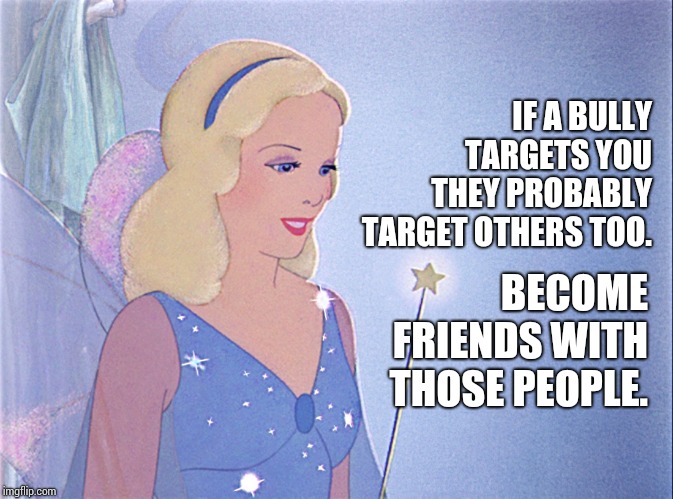 You Already Have Something In Common | IF A BULLY TARGETS YOU THEY PROBABLY TARGET OTHERS TOO. BECOME FRIENDS WITH THOSE PEOPLE. | image tagged in blue fairy,bullying,bullies,cyberbullying,memes,best friends | made w/ Imgflip meme maker