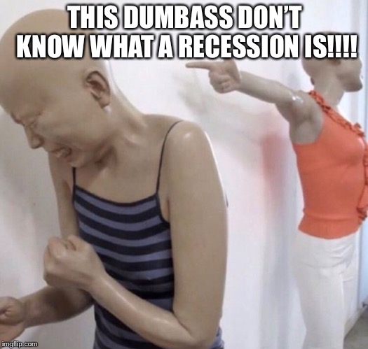 Pointing Mannequin | THIS DUMBASS DON’T KNOW WHAT A RECESSION IS!!!! | image tagged in pointing mannequin | made w/ Imgflip meme maker