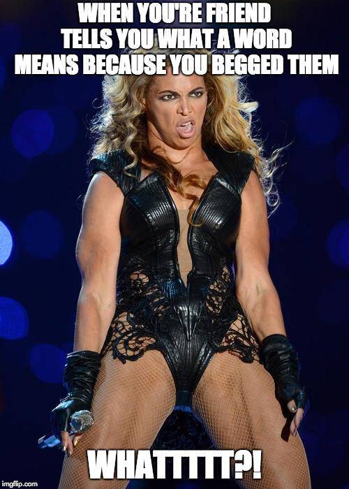 Ermahgerd Beyonce | WHEN YOU'RE FRIEND TELLS YOU WHAT A WORD MEANS BECAUSE YOU BEGGED THEM; WHATTTTT?! | image tagged in memes,ermahgerd beyonce | made w/ Imgflip meme maker