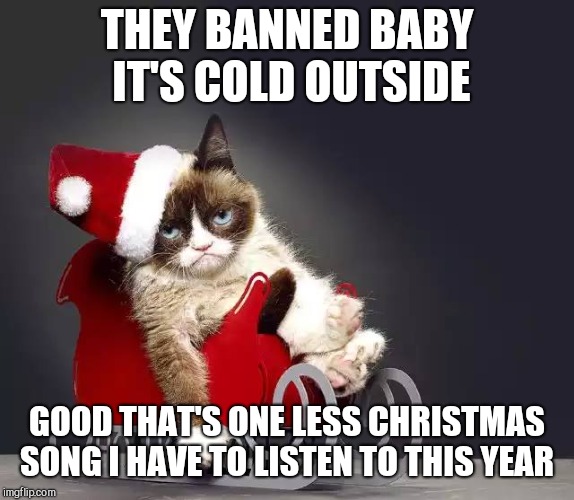 christmas grumpy cat | THEY BANNED BABY IT'S COLD OUTSIDE; GOOD THAT'S ONE LESS CHRISTMAS SONG I HAVE TO LISTEN TO THIS YEAR | image tagged in christmas grumpy cat | made w/ Imgflip meme maker