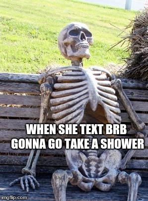 Waiting Skeleton | WHEN SHE TEXT BRB GONNA GO TAKE A SHOWER | image tagged in memes,waiting skeleton | made w/ Imgflip meme maker