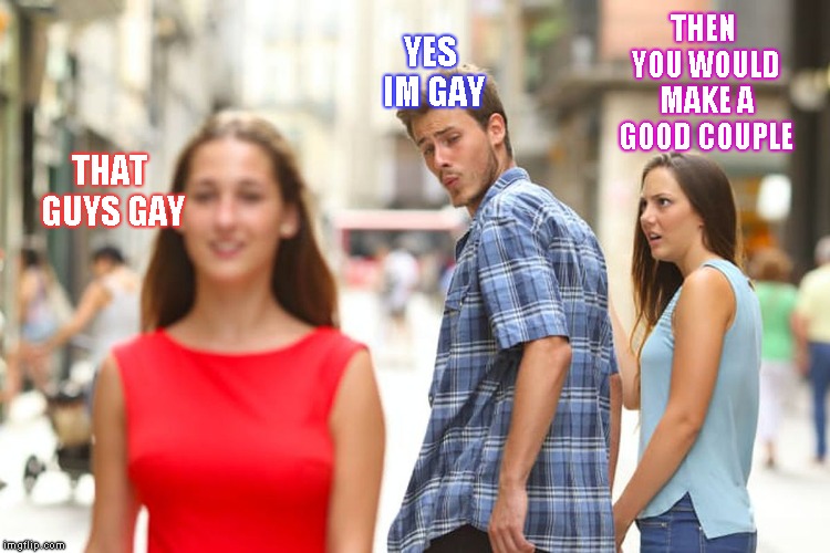 Distracted Boyfriend | THEN YOU WOULD MAKE A GOOD COUPLE; YES IM GAY; THAT GUYS GAY | image tagged in memes,distracted boyfriend | made w/ Imgflip meme maker
