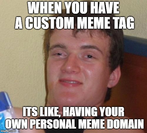 10 Guy | WHEN YOU HAVE A CUSTOM MEME TAG; ITS LIKE, HAVING YOUR OWN PERSONAL MEME DOMAIN | image tagged in memes,10 guy,funny,secret tag,front page,high | made w/ Imgflip meme maker