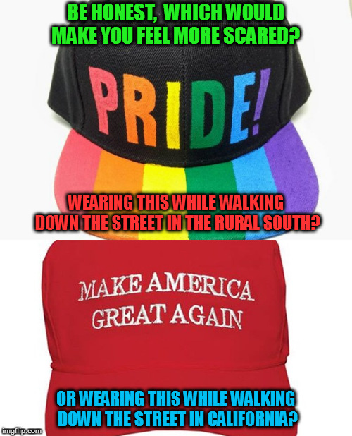 The answers might be surprising | BE HONEST,  WHICH WOULD MAKE YOU FEEL MORE SCARED? WEARING THIS WHILE WALKING DOWN THE STREET IN THE RURAL SOUTH? OR WEARING THIS WHILE WALKING DOWN THE STREET IN CALIFORNIA? | image tagged in memes,politics,hats | made w/ Imgflip meme maker