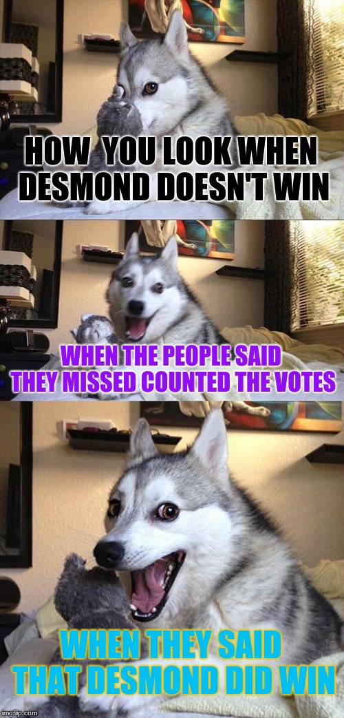 Bad Pun Dog | HOW  YOU LOOK WHEN DESMOND DOESN'T WIN; WHEN THE PEOPLE SAID THEY MISSED COUNTED THE VOTES; WHEN THEY SAID THAT DESMOND DID WIN | image tagged in memes,bad pun dog | made w/ Imgflip meme maker