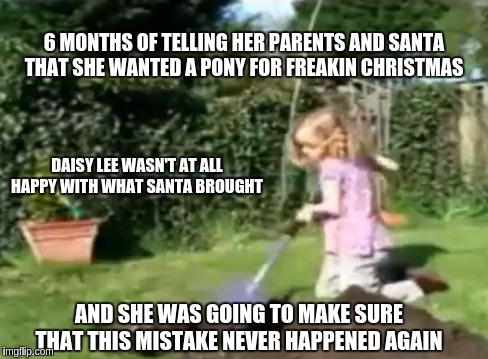 MY CHRISTMAS! | 6 MONTHS OF TELLING HER PARENTS AND SANTA THAT SHE WANTED A PONY FOR FREAKIN CHRISTMAS; DAISY LEE WASN'T AT ALL HAPPY WITH WHAT SANTA BROUGHT; AND SHE WAS GOING TO MAKE SURE THAT THIS MISTAKE NEVER HAPPENED AGAIN | image tagged in christmas,funny,funny memes,pony,revenge,revolution | made w/ Imgflip meme maker