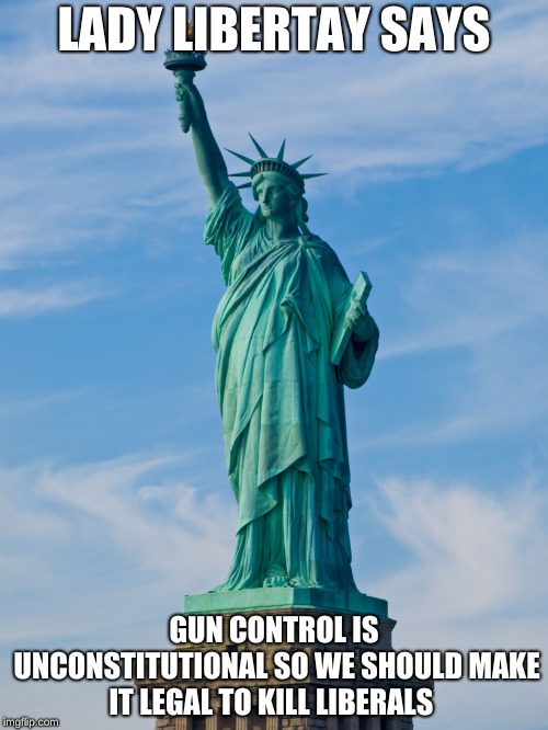 statue of liberty | LADY LIBERTAY SAYS; GUN CONTROL IS UNCONSTITUTIONAL SO WE SHOULD MAKE IT LEGAL TO KILL LIBERALS | image tagged in statue of liberty | made w/ Imgflip meme maker