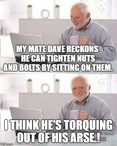 Hide the Pain Harold Meme | MY MATE DAVE RECKONS HE CAN TIGHTEN NUTS AND BOLTS BY SITTING ON THEM. I THINK HE'S TORQUING OUT OF HIS ARSE.! | image tagged in memes,hide the pain harold | made w/ Imgflip meme maker