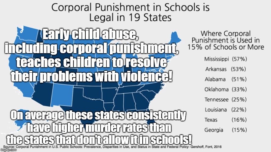 Corporal Punishment teaches violence | Early child abuse, including corporal punishment, teaches children to resolve their problems with violence! On average these states consistently have higher murder rates than the states that don't allow it in schools! | image tagged in corporal punishment,politics,crime,murder,education | made w/ Imgflip meme maker