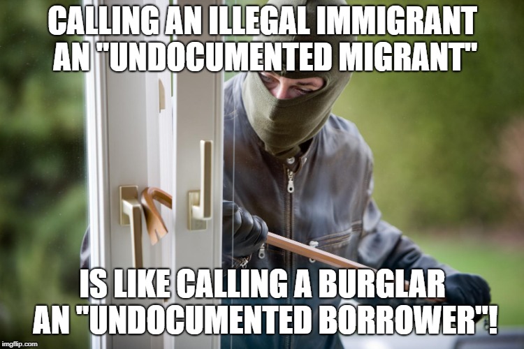 Political Correctness | CALLING AN ILLEGAL IMMIGRANT AN "UNDOCUMENTED MIGRANT"; IS LIKE CALLING A BURGLAR AN "UNDOCUMENTED BORROWER"! | image tagged in memes,funny,politics,illegal immigrants,political correctness | made w/ Imgflip meme maker